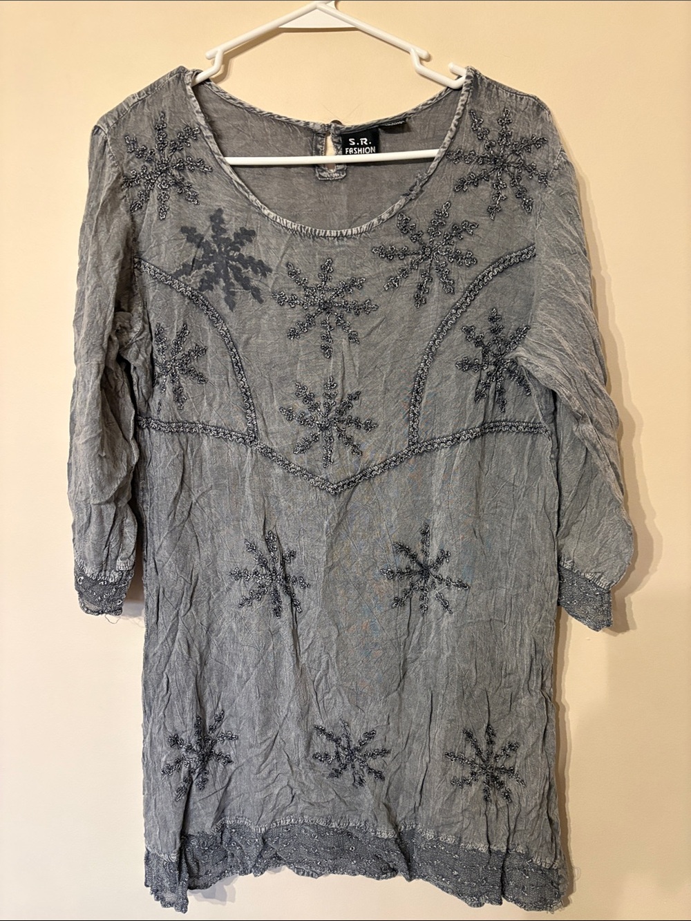 S.R. Fashion Long Sleeve Embroidered Gray Tunic Dress